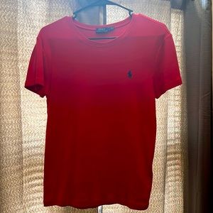 Red polo shirt with navy blue horse